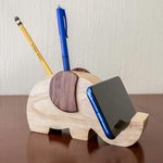 Wood cellphone holder, 'Elephant Friend' - Elephant Cellphone and Pencil Holder