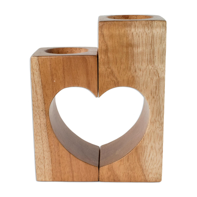 Tealight candle holders, 'One Heart' (pair) - Cedar Wood Heart Tealight Holders (Pair)