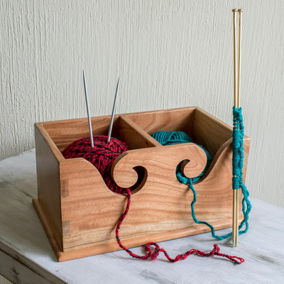Wood yarn caddy, 'Stitch in Time' - Hand Carved Wood Yarn Caddy or Home Organizer