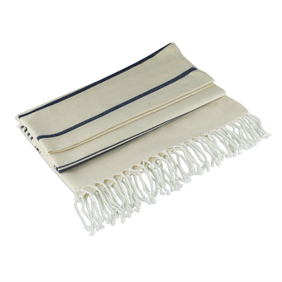 Cotton beach towel, 'Sweet Relaxation in Warm White' - Cotton Beach Towel with Indigo Stripes