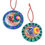 Ceramic ornaments, 'Eclipse of the Sun' (pair) - Crescent Moon Eclipse Ceramic Ornaments (Pair)