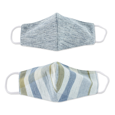Natural cotton face masks, 'Clouds of Light' (pair) - 2 Natural Brown-Blue-Ivory Cotton 2-Layer Masks