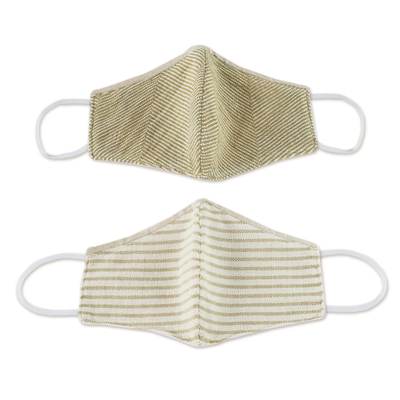Natural cotton face masks, 'Earthen Trails' (pair) - 2 Natural Undyed Brown and Ivory Cotton 2-Layer Masks