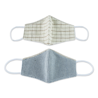 Natural cotton face masks, 'A Good Day' (pair) - 2 Natural Blue and Brown-Ivory Cotton 2-Layer Masks