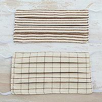 Natural cotton face masks, 'Earth Tone Pleats' (pair) - 2 Natural Undyed Brown and Ivory Cotton Pleated 2-Layer Mask