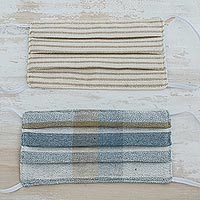 Cotton face masks, 'Earth Meets Clouds and Sky' (pair) - 2 Undyed Brown-Blue-Ivory Cotton Pleated 2-Layer Masks