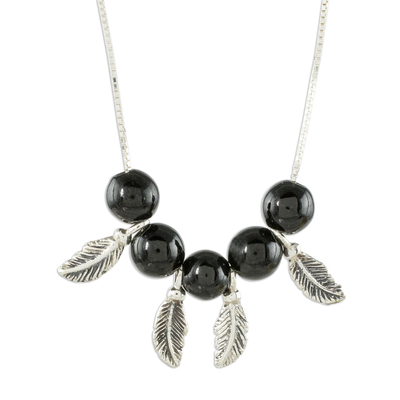 Jade pendant necklace, 'Dark Feathers' - Handmade Black Jade Feather Pendant necklace