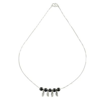 Jade pendant necklace, 'Dark Feathers' - Handmade Black Jade Feather Pendant necklace