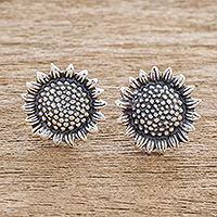 Sterling silver button earrings, 'Flourishing Sunflowers' - Realistic Sunflower Earrings in Sterling Silver