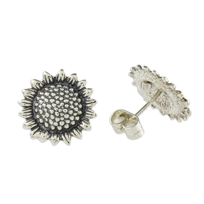 Sterling silver button earrings, 'Flourishing Sunflowers' - Realistic Sunflower Earrings in Sterling Silver