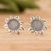 Sterling silver button earrings, 'Vintage Sunflower' - Oxidized Sterling Silver Sunflower Earrings