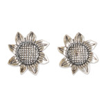 Sterling silver button earrings, 'Vintage Sunflower' - Oxidized Sterling Silver Sunflower Earrings from Guatemala