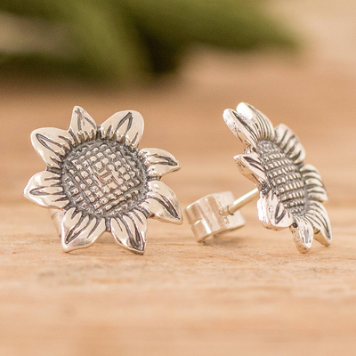 Sterling silver button earrings, 'Vintage Sunflower' - Oxidized Sterling Silver Sunflower Earrings from Guatemala