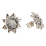 Sterling silver button earrings, 'Vintage Sunflower' - Oxidized Sterling Silver Sunflower Earrings from Guatemala