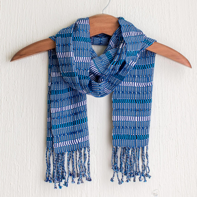 Bufanda de algodón, 'Atitlan Blues' - Bufanda totalmente de algodón tejida a mano en azules