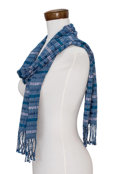Bufanda de algodón, 'Atitlan Blues' - Bufanda totalmente de algodón tejida a mano en azules