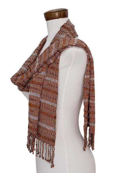 Cotton scarf, 'Solola Earth' - Orange and Brown Hand Woven Cotton Scarf