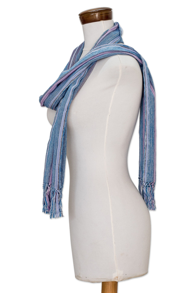 Cotton scarf, 'Cielo Azul' - Blue and Violet Striped Cotton Scarf
