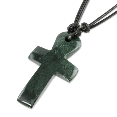 Jade pendant necklace, 'Sweet Salvation' - Handmade Dark Green Jade Cross Necklace