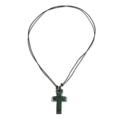 Jade pendant necklace, 'Sweet Salvation' - Handmade Dark Green Jade Cross Necklace