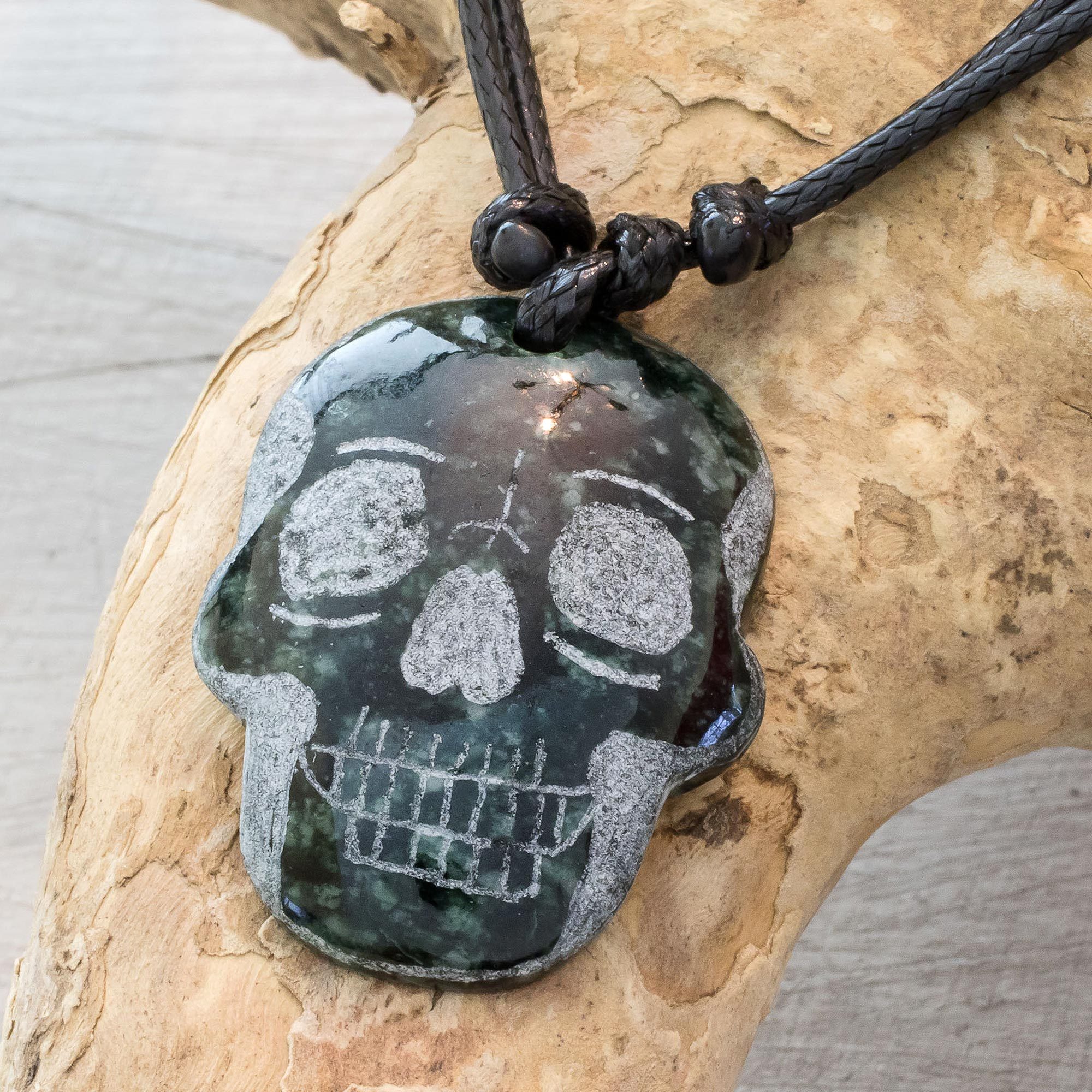 Dark Green Jade Day of the Dead Necklace - Dark Green Skull | NOVICA