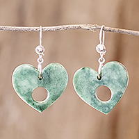 Jade dangle earrings, 'Heart Passage' - Heart-Shaped Green Jade Dangle Earrings