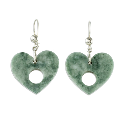 Jade dangle earrings, 'Heart Passage' - Heart-Shaped Green Jade Dangle Earrings