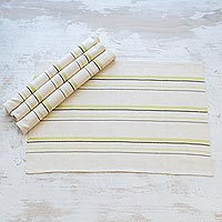 Manteles individuales de algodón, 'Individualist in Chartreuse' (juego de 4) - Manteles individuales de algodón a rayas verdes tejidos a mano (juego de 4)