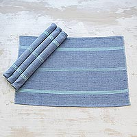 Baumwoll-Tischsets, „Celestial Stripes“ (4er-Set) - Handgewebte blaue Baumwoll-Tischsets (4er-Set)