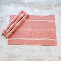 Cotton placemats, 'Solola Honeysuckle' (set of 4) - Hand Loomed Honeysuckle Striped Cotton Placemats (Set of 4)