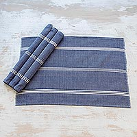 Manteles individuales de algodón, 'Railroad Stripes' (juego de 4) - Manteles individuales de algodón a rayas azules y blancas (juego de 4)