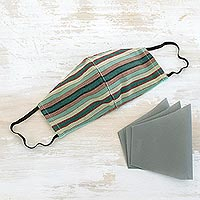 Cotton face mask with filters, 'Jade Stripes' - Washable and Reusable Cotton Face Mask with Filters