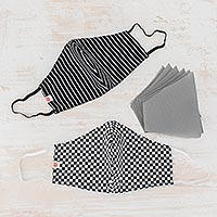 Cotton face masks, 'Geometry in Black and White' (pair) - Black and White Cotton 1 Stripe-1 Check Three Layer Face Mas