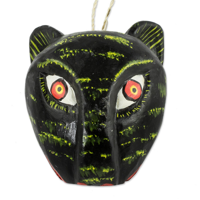 Kleine Holzmaske, 'Black Panther Guardian - Handbemalte schwarze Panther-Minimaske