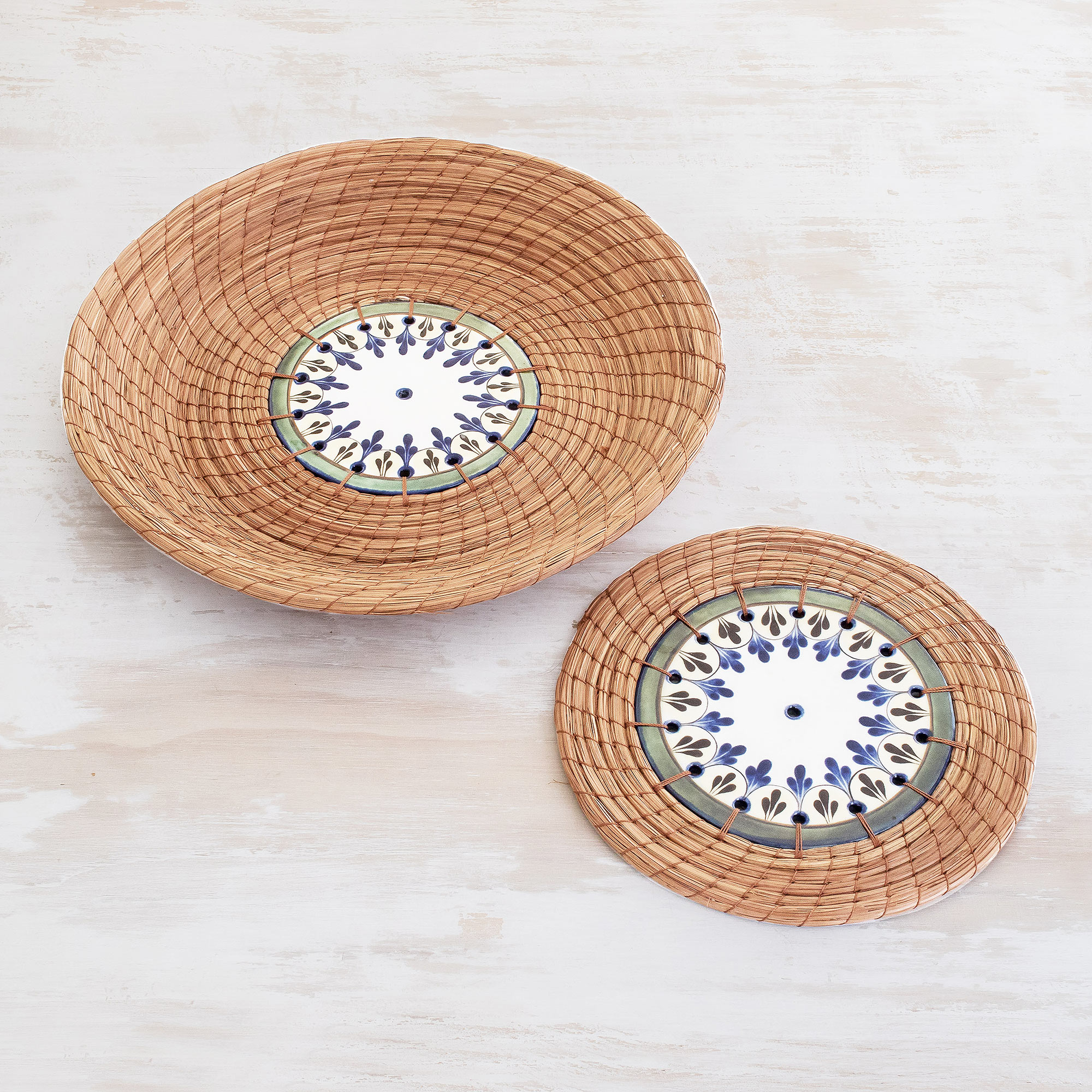 Pine Needle and Ceramic Basket and Trivet (Pair) - Natural Beauty | NOVICA