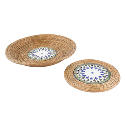 Pine needle and ceramic basket and trivet set, 'Natural Beauty' (pair) - Pine Needle and Ceramic Basket and Trivet (Pair)