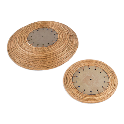 Pine needle and ceramic basket and trivet set, 'Natural Beauty' (pair) - Pine Needle and Ceramic Basket and Trivet (Pair)