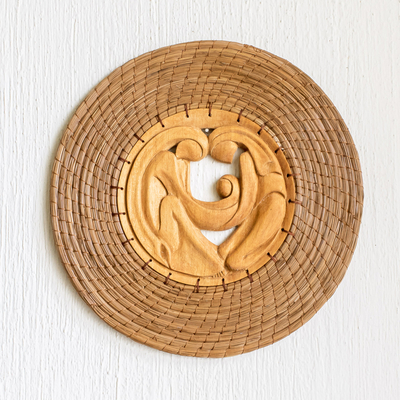 Pine needle and wood wall accent, 'Holy Family' - Wood and Pine Needle Holy Family Wall Accent