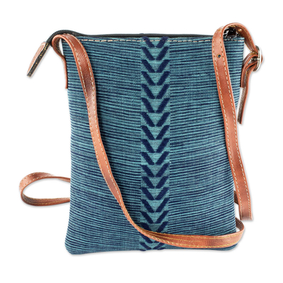 Leather-accented cotton shoulder bag, 'Comalapa Connection' - Blue and Teal Cotton and Leather Shoulder Bag