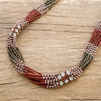 Long beaded torsade necklace, 'Terracotta and Bronze Harmony' - Glass Beaded Torsade Necklace in Terracotta and Bronze