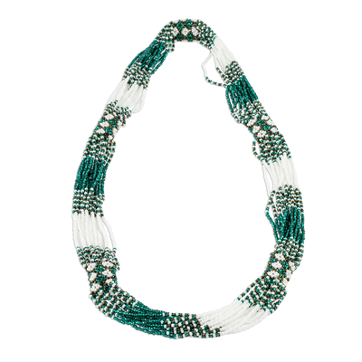Green and White Beaded Long Torsade Necklace
