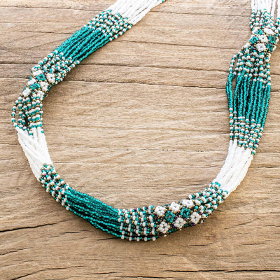 Long beaded torsade necklace, 'Viridian and White Harmony' - Green and White Beaded Long Torsade Necklace