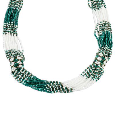 Long beaded torsade necklace, 'Viridian and White Harmony' - Green and White Beaded Long Torsade Necklace