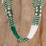 Long beaded torsade necklace, 'Kelly Green and White Harmony' - Hand Beaded Long Torsade Necklace in Green