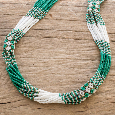 Long beaded torsade necklace, 'Kelly Green and White Harmony' - Hand Beaded Long Torsade Necklace in Green