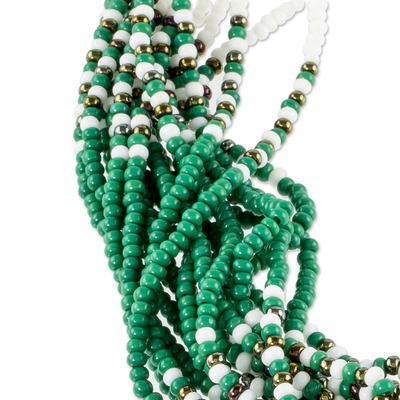 Long beaded torsade necklace, 'Kelly Green and White Harmony' - Hand Beaded Long Torsade Necklace in Green