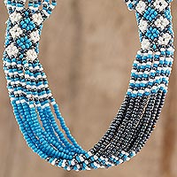 Long beaded torsade necklace, 'Sky and Titanium Harmony' - Multicoloured Beaded Long Torsade Necklace