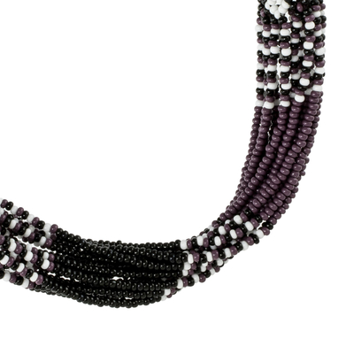 Long beaded torsade necklace, 'Black and Plum Harmony' - Purple and Black Long Beaded Necklace