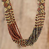 Long beaded torsade necklace, 'Gold and Bronze Harmony' - Beaded Long Necklace in Gold and Bronze