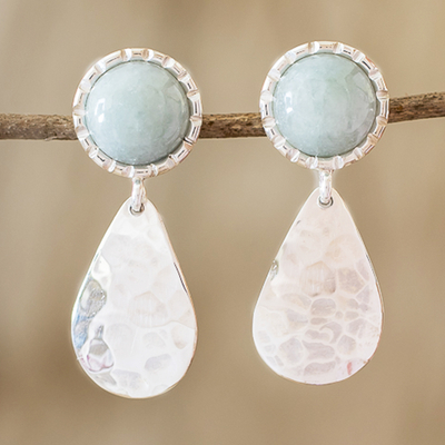 Jade dangle earrings, 'Maya Texture in Light Green' - Hammered Sterling Silver and Jade Earrings